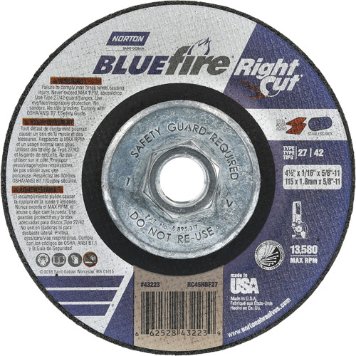 Norton 66252843223 BlueFire RightCut Right Angle Cut-Off Wheel BlueFire RightCut Right Angle Cut-Off Wheel, 4-1/2" x 1/16", 5/8"-11 Arbor, Type 27/42, Aluminum Oxide, 13580 RPM - Each