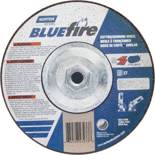 Norton 66252843233 BlueFire Grinding & Cutting Wheel BlueFire Grinding & Cutting Wheel, 7" x 1/8", 5/8"-11 Arbor, Type 27, Zirconia Alumina - Each