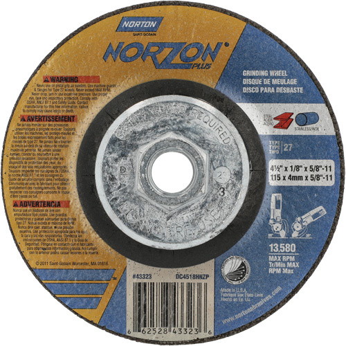 Norton 66252843323 NorZon Plus SGZ CA Grinding & Cutting Wheel NorZon Plus SGZ CA Grinding & Cutting Wheel, 4-1/2" x 1/8", 5/8"-11 Arbor, Type 27, Ceramic Alumina - Each