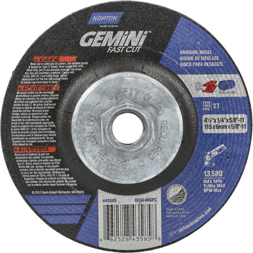 Norton 66252843585 Gemini Grinding Wheel Gemini Grinding Wheel, 4-1/2" x 1/4", 5/8"-11 Arbor, Aluminum Oxide, Type 27 - Each