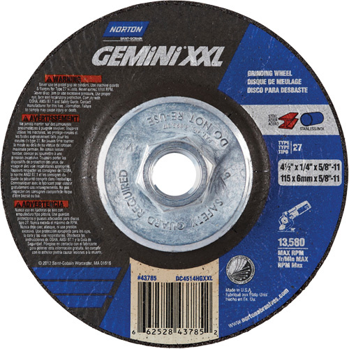 Norton 66252843785 Gemini XXL Grinding Wheel, 4-1/2" x 1/4", 5/8"-11 Arbor, Aluminum Oxide, Type 27-(Each)