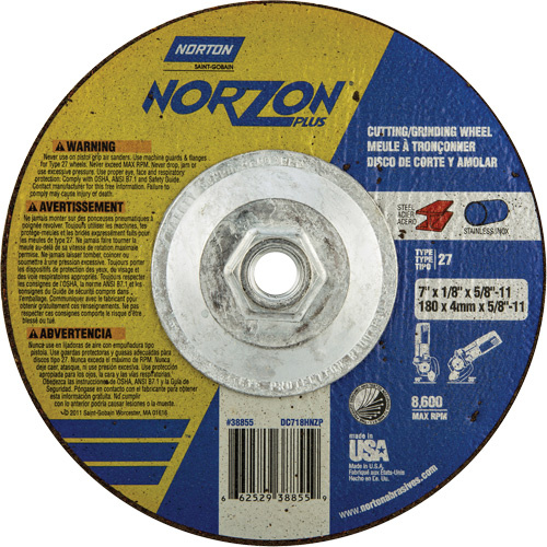 Norton 66252938855 NorZon Plus SGZ  Grinding & Cutting Wheel NorZon Plus SGZ  Grinding & Cutting Wheel, 7" x 1/8", 5/8"-11 Arbor, Type 27, Ceramic Alumina - Each