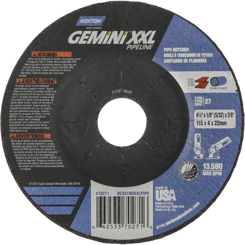 Norton 66253370271 Gemini XXL Grinding & Cutting Wheel Gemini XXL Grinding & Cutting Wheel, 4-1/2" x 1/8", 7/8" Arbor, Type 27, Aluminum Oxide - Each