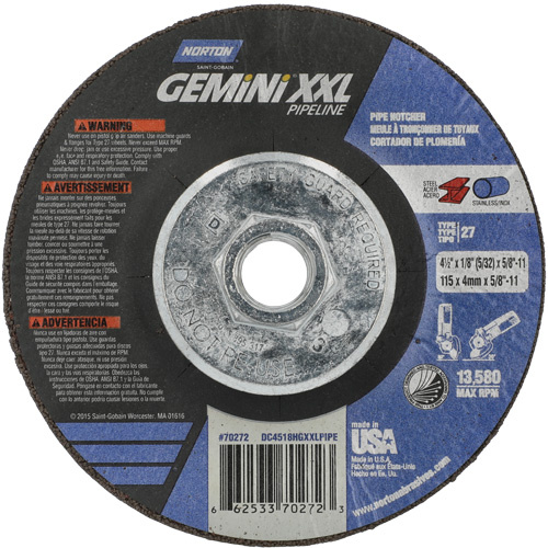Norton 66253370272 Gemini XXL Grinding & Cutting Wheel Gemini XXL Grinding & Cutting Wheel, 4-1/2" x 1/8", 5/8"-11 Arbor, Type 27, Aluminum Oxide - Each