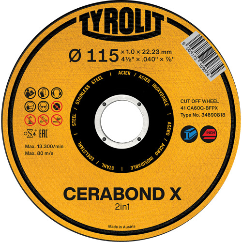 Tyrolit 34690818 CA60Q-BFPX CERABOND X Cut-Off Wheel CA60Q-BFPX CERABOND X Cut-Off Wheel, 4-1/2" x 0.039", 7/8" Arbor, Type 1 - Each
