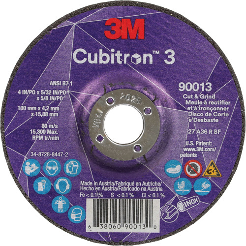 3M 7100305443 Cubitron™ 3 Cut & Grind Wheel Cubitron™ 3 Cut & Grind Wheel, 4" x 39/250", 5/8" Arbor, Type 27, 36 Grit, Ceramic - Each