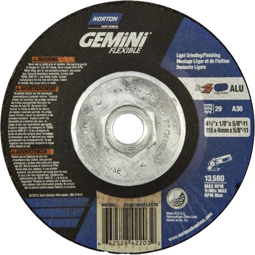 Norton 66252842203 Gemini Flexible A AO Grinding and Cutting Wheel Gemini Flexible A AO Grinding and Cutting Wheel, 4-1/2" x 1/8", 5/8"-11 Arbor, Type 29, Aluminum Oxide, 13580 RPM - Each