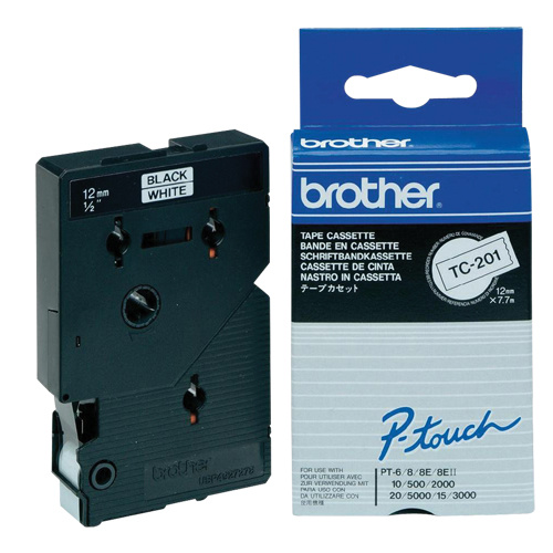 Brother TC201 Laminated Tape for P-touch® Labeling System Laminated Tape for P-touch<sup>®</sup> Labeling System, 12 mm x 8 m, Black on White - Each