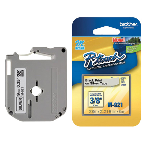 Brother M921 Label Tape Label Tape, 9 mm x 8 m, Black on Silver - Each