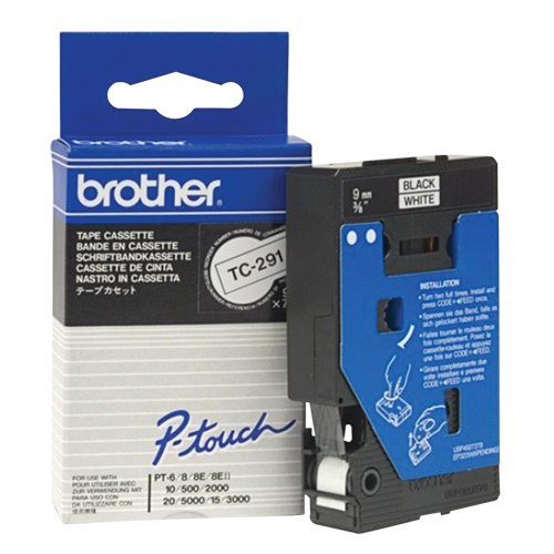 Brother TC291 Laminated Tape for P-touch® Labeling System Laminated Tape for P-touch<sup>®</sup> Labeling System, 9 mm x 8 m, Black on White - Each