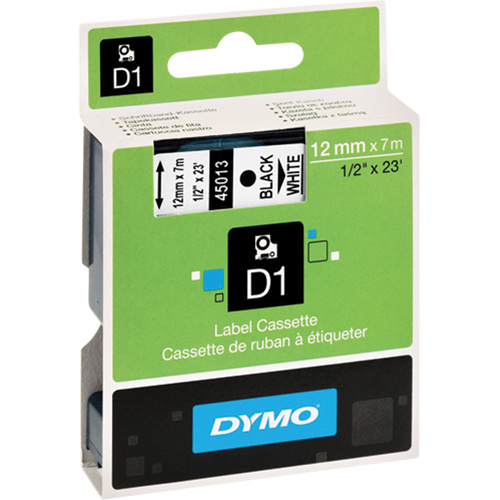 Dymo 45013 D1 Label Cassette D1 Label Cassette, 12 mm x 23', Black on White - Each