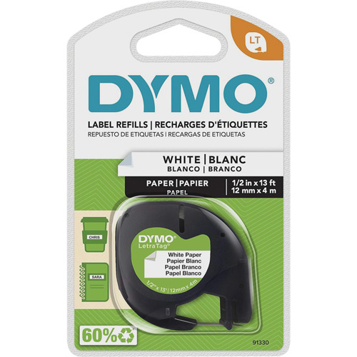 Dymo 91330 Labels for LetraTag Plus LT100-H Labels for LetraTag Plus LT100-H, 12 mm x 13', Black on White - Each