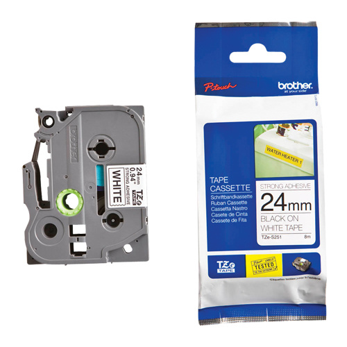 Brother TZES251G Laminated Industrial Tape Laminated Industrial Tape, 24 mm x 13', Black on White - Each