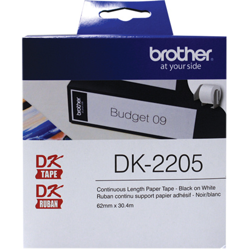 Brother DK2205 DK Series Continuous Length Label Tape DK Series Continuous Length Label Tape, Paper, Black on White, 2-1/2" Width - Each