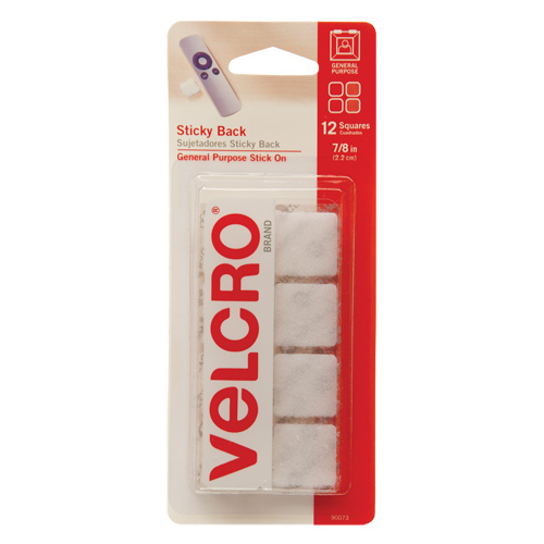 Velcro Companies 90073C Fastener Squares Fastener Squares, Hook & Loop, 7/8" Dia., Adhesive, White - Pack of 12