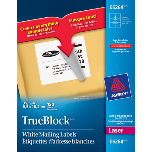 Avery Dennison 773416 TrueBlock™ Laser Shipping Labels TrueBlock™ Laser Shipping Labels, 3-1/3" W x 4" L, White - Pack of 150