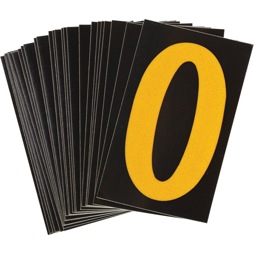 Brady 5890-0 Reflective Individual Number and Letter Labels Reflective Individual Number and Letter Labels, 0, 1-1/2" H, Yellow on Black - Pack of 25