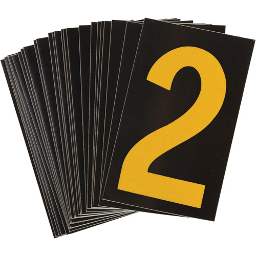 Brady 1457351 Reflective Individual Number and Letter Labels Reflective Individual Number and Letter Labels, 2, 1-1/2" H, Yellow on Black - Pack of 25