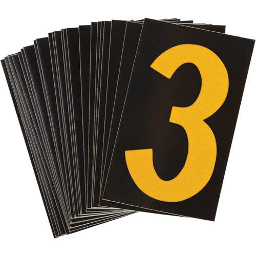 Brady 1457379 Reflective Individual Number and Letter Labels Reflective Individual Number and Letter Labels, 3, 1-1/2" H, Yellow on Black - Pack of 25
