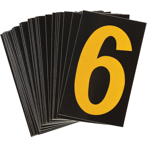 Brady 1457471 Reflective Individual Number and Letter Labels Reflective Individual Number and Letter Labels, 6, 1-1/2" H, Yellow on Black - Pack of 25