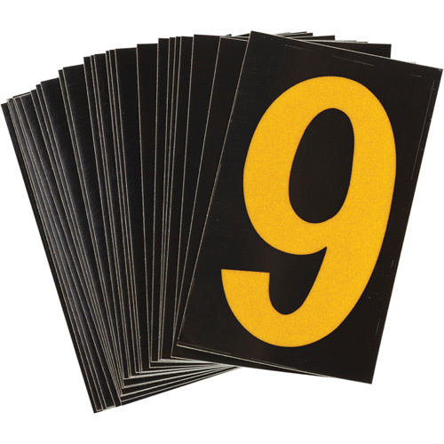 Brady 1457563 Reflective Individual Number and Letter Labels Reflective Individual Number and Letter Labels, 9, 1-1/2" H, Yellow on Black - Pack of 25
