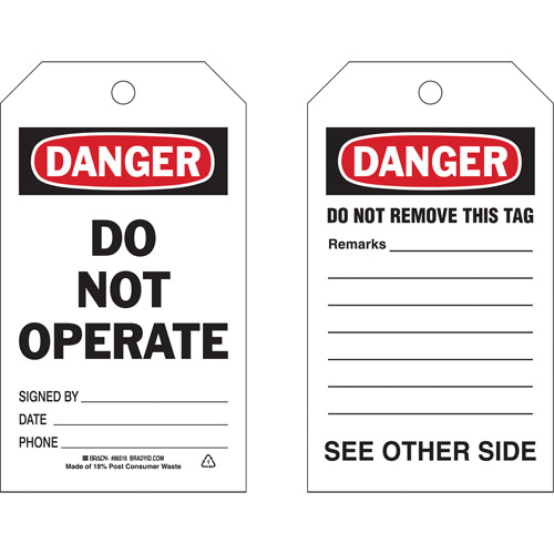 Brady 86516 Self-Laminating "Do Not Operate" Tags, Polyester, 4" W x 7" H, English-(Pack of 10)