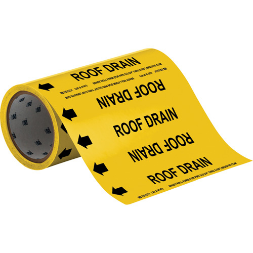 Brady 41473 "Roof Drain" Roll Form Pipe Markers, Self-Adhesive, Cuttable H x 8" W, Black on Yellow-(Roll)