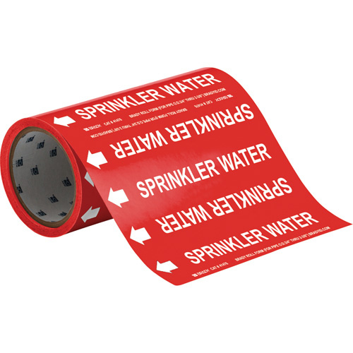 Brady 41476 "Sprinkler Water" Roll Form Pipe Markers, Self-Adhesive, Cuttable H x 8" W, White on Red-(Roll)