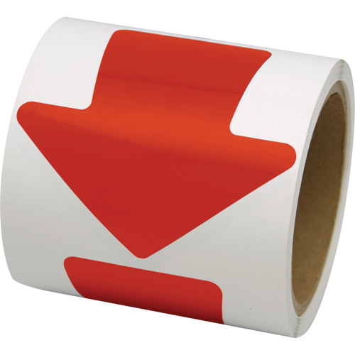 Incom Top Tape & Label VA400R Coloured Floor Marking Decals Coloured Floor Marking Decals, Arrow, 4" L x 4" W, Red, Vinyl - Roll of 100