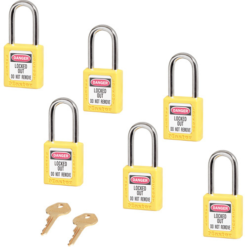Master Lock 410KAS6YLW 410 Series Zenex™ Padlocks - Set of Six 410 Series Zenex™ Padlocks - Set of Six, Safety Padlock, Keyed Alike, Thermoplastic, 1-1/2" Width - Box of 6