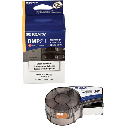 Brady M21-500-430 Label Tape Label Tape, Polyester, 0.5" L x 252" H, Black on Clear - Each