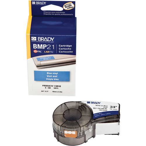 Brady M21-750-595-BL Indoor/Outdoor Label Tape Indoor/Outdoor Label Tape, Vinyl, 0.75" L x 252" H, White on Blue - Each