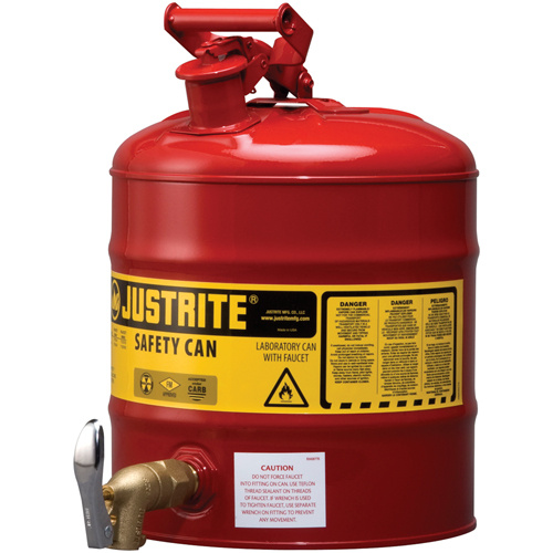 Justrite 7150150 Laboratory Safety Can with Faucet, Type I, Steel, 5 US gal., Red, FM Approved-(Each)