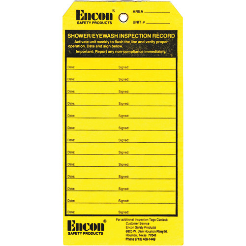 Encon 01112894 Emergency Shower & Eyewash Inspection Record Tag, Cardstock, 3-1/8" W x 6-1/4" H, English-(Each)