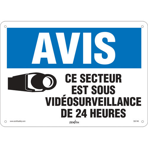 Zenith Safety Products  "Sous vid?osurveillance" Sign, 10" x 14", Aluminum, French with Pictogram - Each