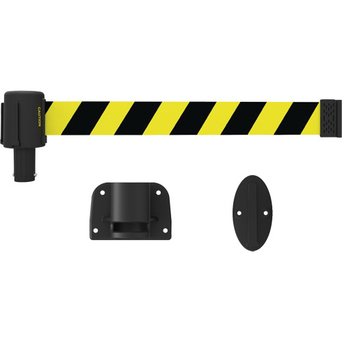 Banner Stakes  PL4121  PLUS Wall Mount Barrier System, Plastic, Screw Mount, 15', Black and Yellow Tape - Each