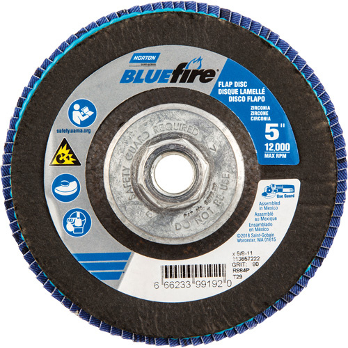 Norton  66623399192  BlueFire<sup>?</sup> Flap Disc, 5" x 5/8"-11, Type 29, 80 Grit, Zirconia Alumina - Each