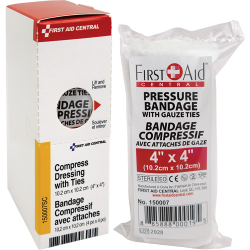 First Aid Central  150007SC  SmartCompliance<sup>?</sup> Refill Compress Pressure Bandage with Ties, 4" L x 4" W - Each