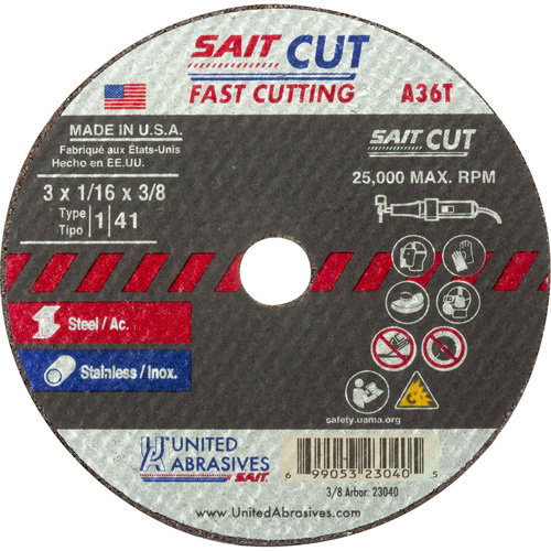 United Abrasives Inc.  23040  Cut-Off Wheel (A36T), 13" x 1/16", 3/8" Arbor, Type 27, Aluminum Oxide, 25000 RPM - Each