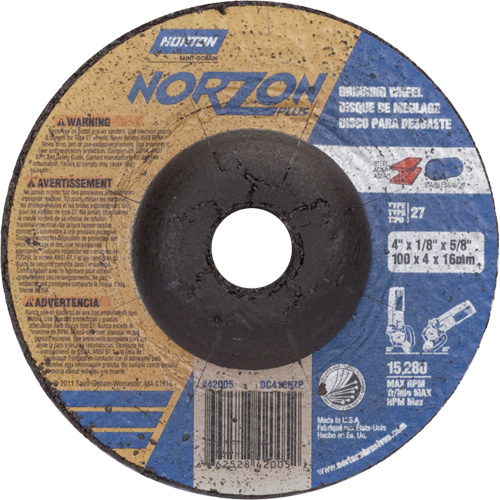 Norton  66252842005  NorZon Plus SGZ Grinding Wheel, 4" x 1/8", 5/8" Arbor, Ceramic Alumina, Type 27 - Each