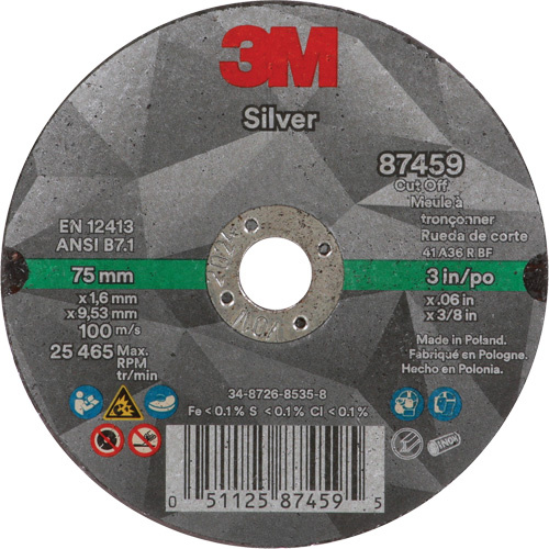 3M  AB87459  Silver Cut-Off Wheel, 3" x 0.06", 3/8"-24 Arbor, Type 1, Ceramic, 25645 RPM - Each