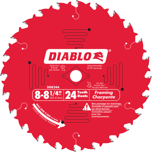 Diablo  D0824X  Framing Circular Saw Blade, 8-1/4", 24 Teeth, Laminate/Wood Use - Each