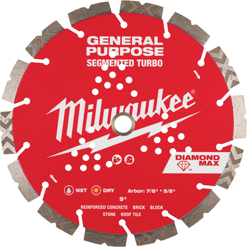 Milwaukee 49-93-9009 Diamond Max Segmented Turbo Saw Blade, 9", Metal/Stone/Concrete/Ductile Iron/Cement/Non-Ferrous/Brick/Fibre Cement/Tile/Asphalt Use-(Each)