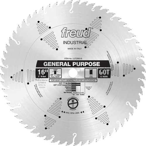 Freud LU72M016 Industrial Saw Blade - General Purpose, 16", 60 Teeth, Wood Use - Each