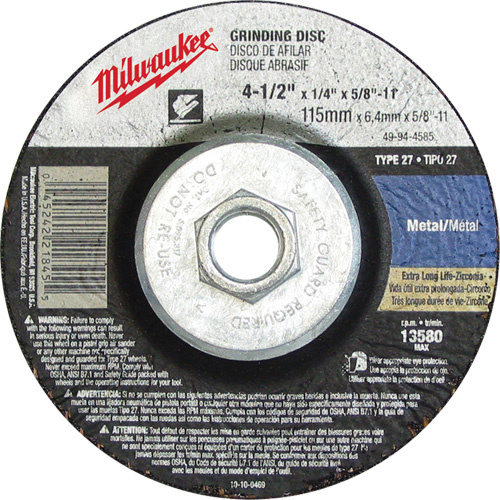 Milwaukee  49-94-4525  Grinding Wheel, 4-1/2" x 1/8", 5/8"-11 Arbor, Aluminum Oxide, Type 27 - Each
