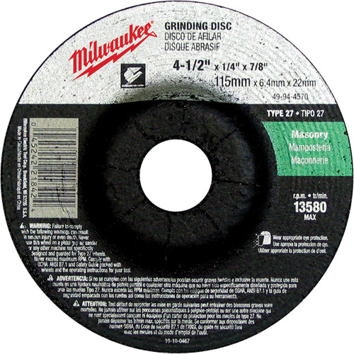 Milwaukee  49-94-4570  Grinding Wheel, 4-1/2" x 1/4", 7/8" Arbor, Silicon Carbide, Type 27 - Each