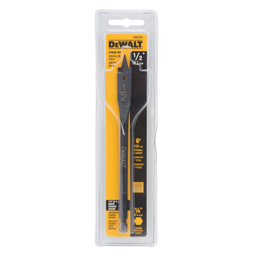 DEWALT  DW1574  Spade Drill Bit, 1/2" Diameter, 1/2" Shank, 6" Length - Each