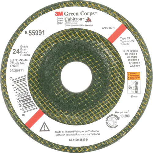 3M  AB55991  Green Corps? Depressed Centre Wheel, 4-1/2" x 1/4", 7/8" Arbor, Ceramic, Type 27 - Each