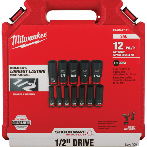 Milwaukee  49-66-7011  Shockwave? Impact Duty? SAE 6 Point Socket Set, 12 Pcs, Impact, 1/2" Drive Size, Deep - Each