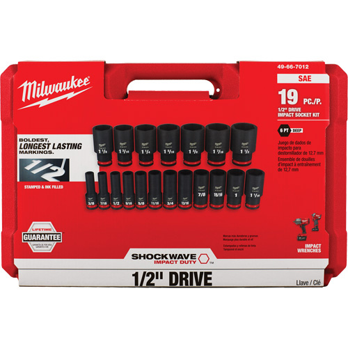 Milwaukee  49-66-7012  Shockwave? Impact Duty? SAE 6 Point Socket Set, 19 Pcs, Impact, 1/2" Drive Size, Deep - Each